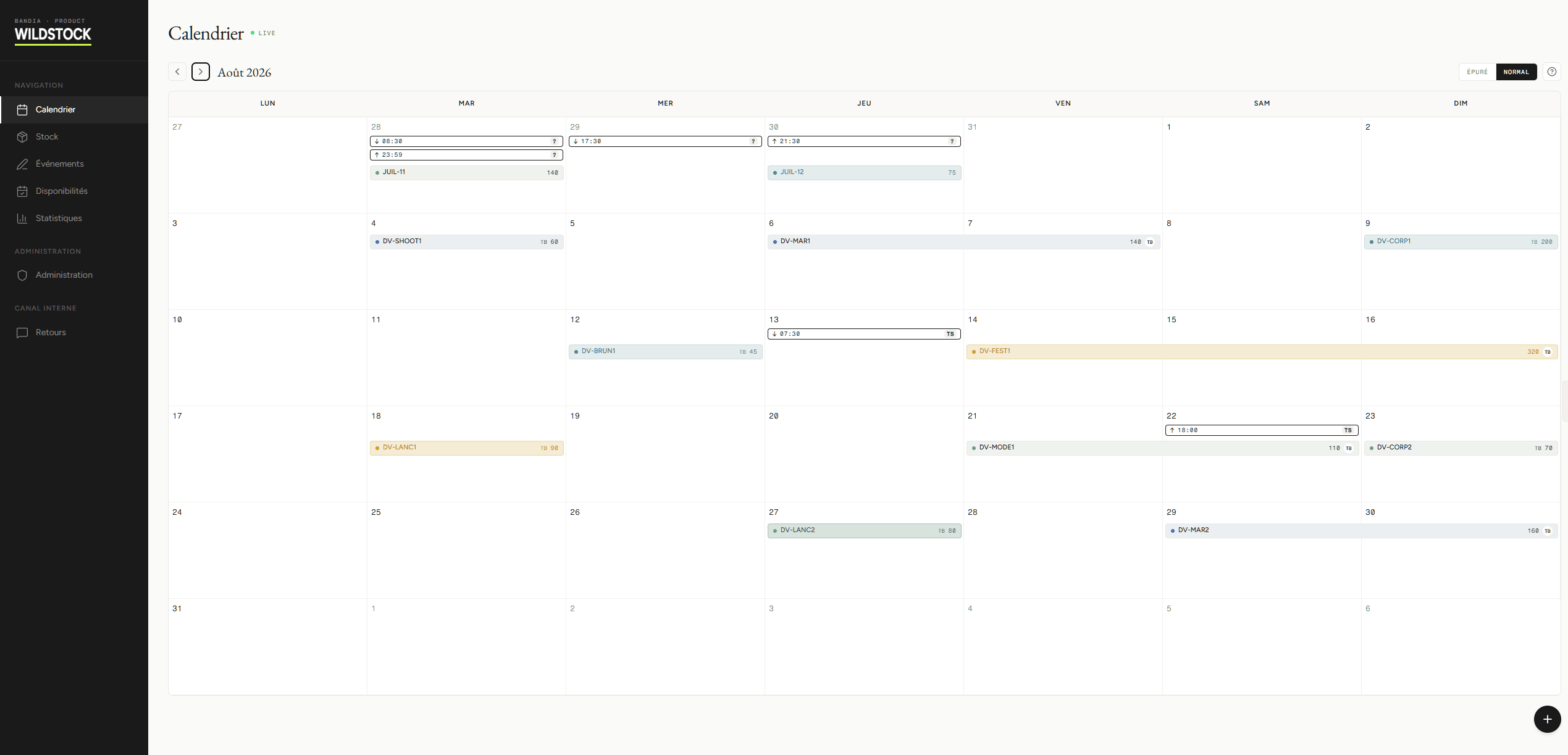 Le calendrier — tous les événements du mois, livraisons et reprises en un coup d'œil.